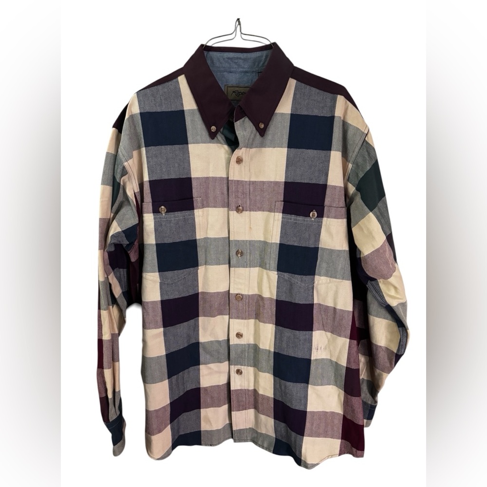 Western Mens Large Plaid Button-Up Shirt in Cream & Burgundy by Roper | Size M/L